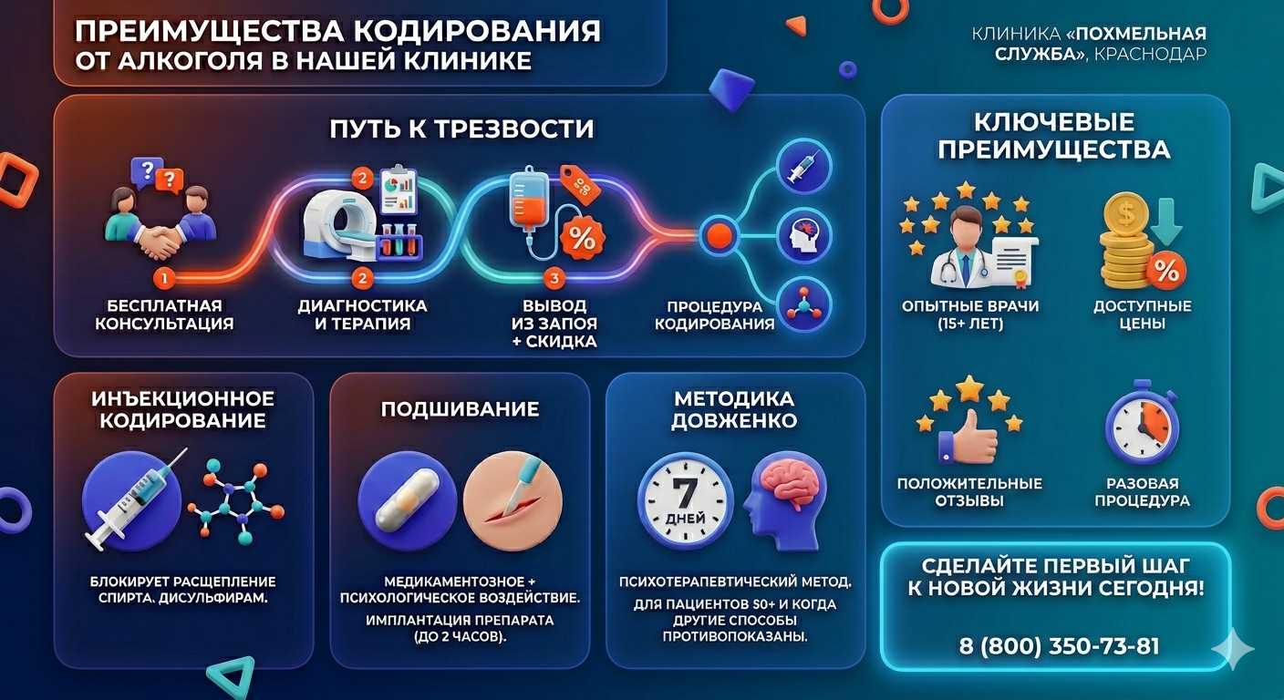 Инфографика о методах кодирования от алкоголя в Верхнем Баскунчаке: инъекции, подшивание, метод Довженко. Преимущества клиники и этапы лечения.