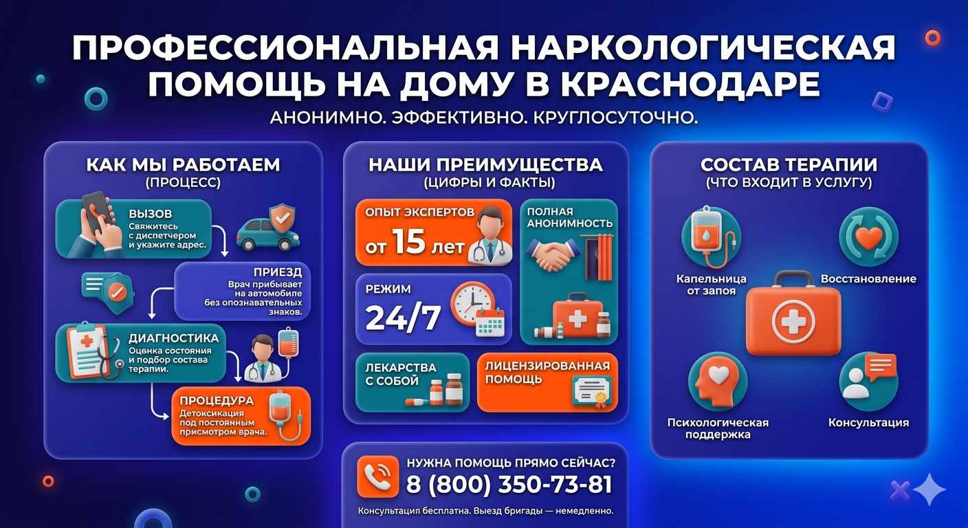 Инфографика о принципах лечения алкоголизма на дому в Верхнем Баскунчаке: этапы вызова нарколога, преимущества анонимной детоксикации и состав медицинской помощи.